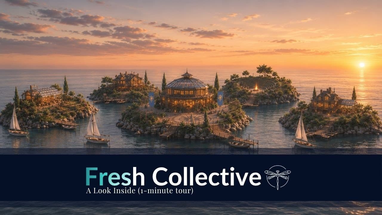 A cluster of small islands at sunset, titled “Fresh Collective — A Look Inside”.